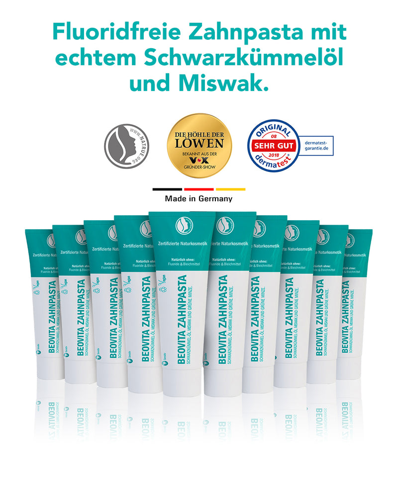 BeoVita Zahnpasta fluoridfrei - 10er, 10x75ml – Mit Schwarzkümmel-Öl und Miswak für natürliche Zahn- und Zahnfleischpflege