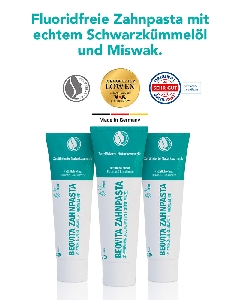 BeoVita Zahnpasta fluoridfrei - 3er, 3x75ml – Mit Schwarzkümmel-Öl und Miswak für natürliche Zahn- und Zahnfleischpflege